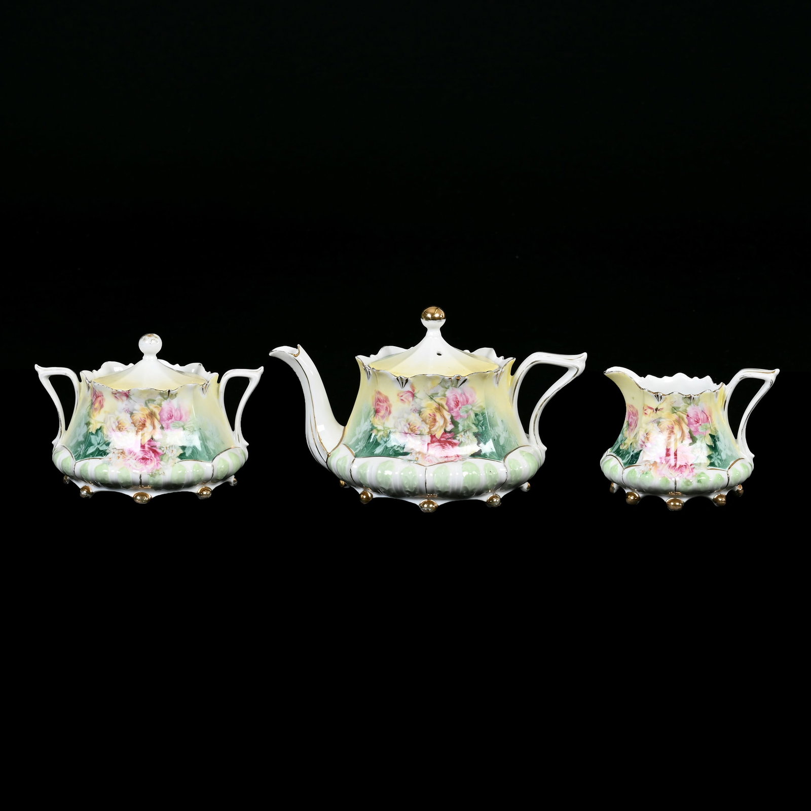 Tea Set Marked R.S. Prussia: Tea Set Marked R.S. Prussia, Yellow, Green And White Tones, Rose Decor, (1) 4" X 7" Tea Pot With Matching Creamer & Sugar, Sugar Has Small Rim Chip, Sidlinger Estate Collection, North Carolina.