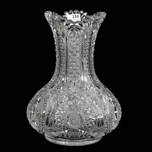 Vase, ABCG, Rich Cut Pattern By Dorflinger: Vase, American Brilliant Cut Glass, Rich Cut Pattern By Dorflinger, 11" x 8", Incredibly Clear Blank, Hobstar Base, Exactly As Featured In Dorflinger Book By Feller, Page 258, One Pattern Chip On Pris