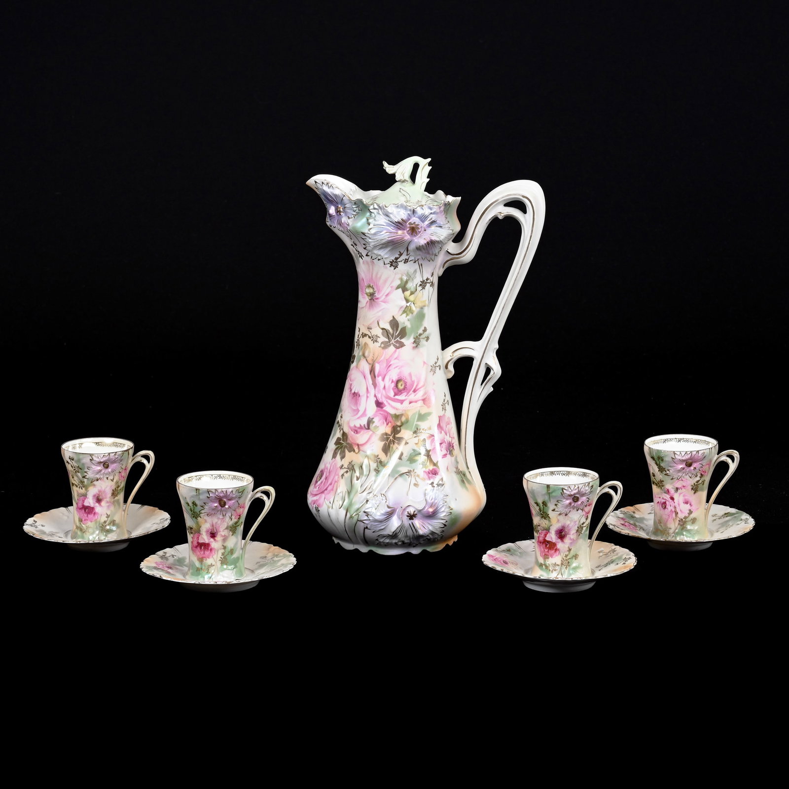 Chocolate Set Marked R.S. Prussia: Chocolate Set Marked R.S. Prussia, Carnation Mold, Green, White, Orange And Lavender Tones, Pink Poppy Decor, Satin Finish, (1) 11.5" X 7" Chocolate Pot, (4) Matching Cups & Saucers, Professional Repa