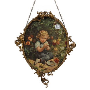 Oval Print, Young Girl With Chicks: Oval Print, Young Girl With Chicks, 13.5" x 10.5", Set In Gilt Metal Frame, Sidlinger Estate Collection, North Carolina. UPDATED 9-15-23: Top Of Frame May Be Missing Filigree.