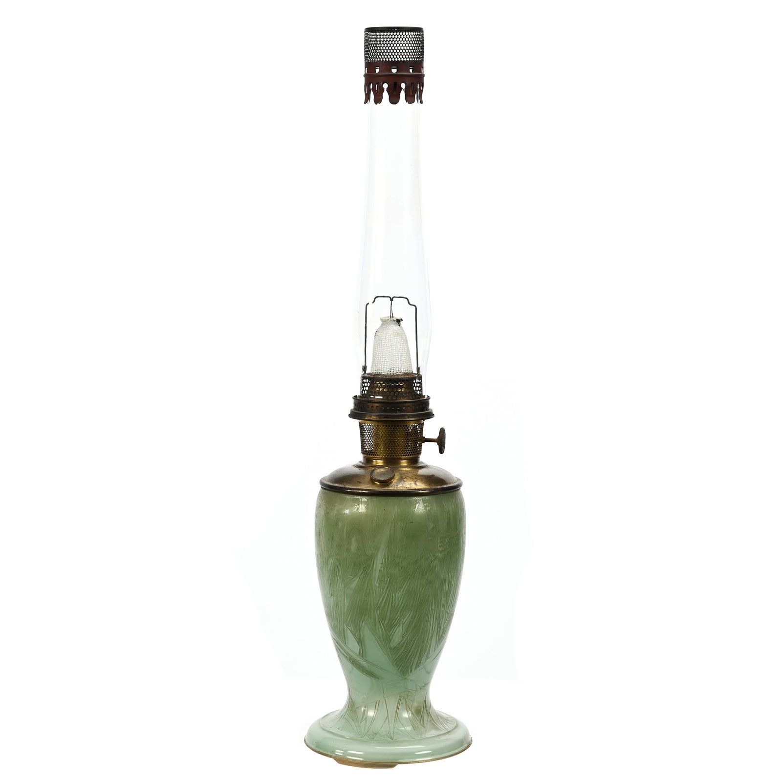 Aladdin Kerosene Vase Lamp, Venetian Green: Aladdin Kerosene Vase Lamp, Venetian Green, 27.5" x 5.5", Circa 1931 To 1932, Acid Cut Decorative Leaf Design, Height To Top Of Vase/Lamp Is 10", 27.5" To Top Of Chimney, Small Nick On Rim, Sidlinger 