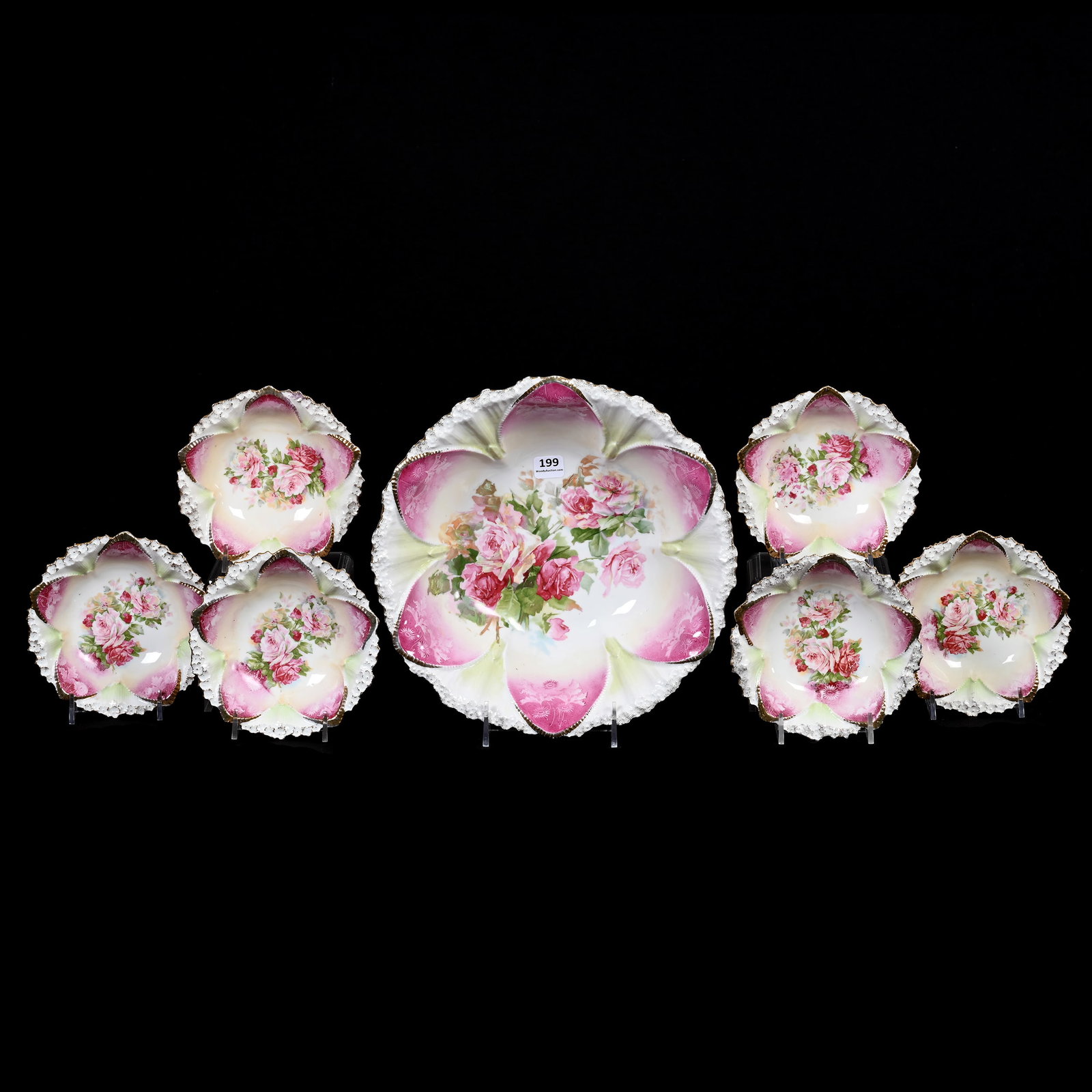 Berry Set Marked R.S. Prussia: Berry Set Marked R.S. Prussia, Pink, Green And White Tones, Rose Decor, (1) 10.5" Master Bowl, (6) Matching 5.5" Berry Bowls, Sidlinger Estate Collection, North Carolina.