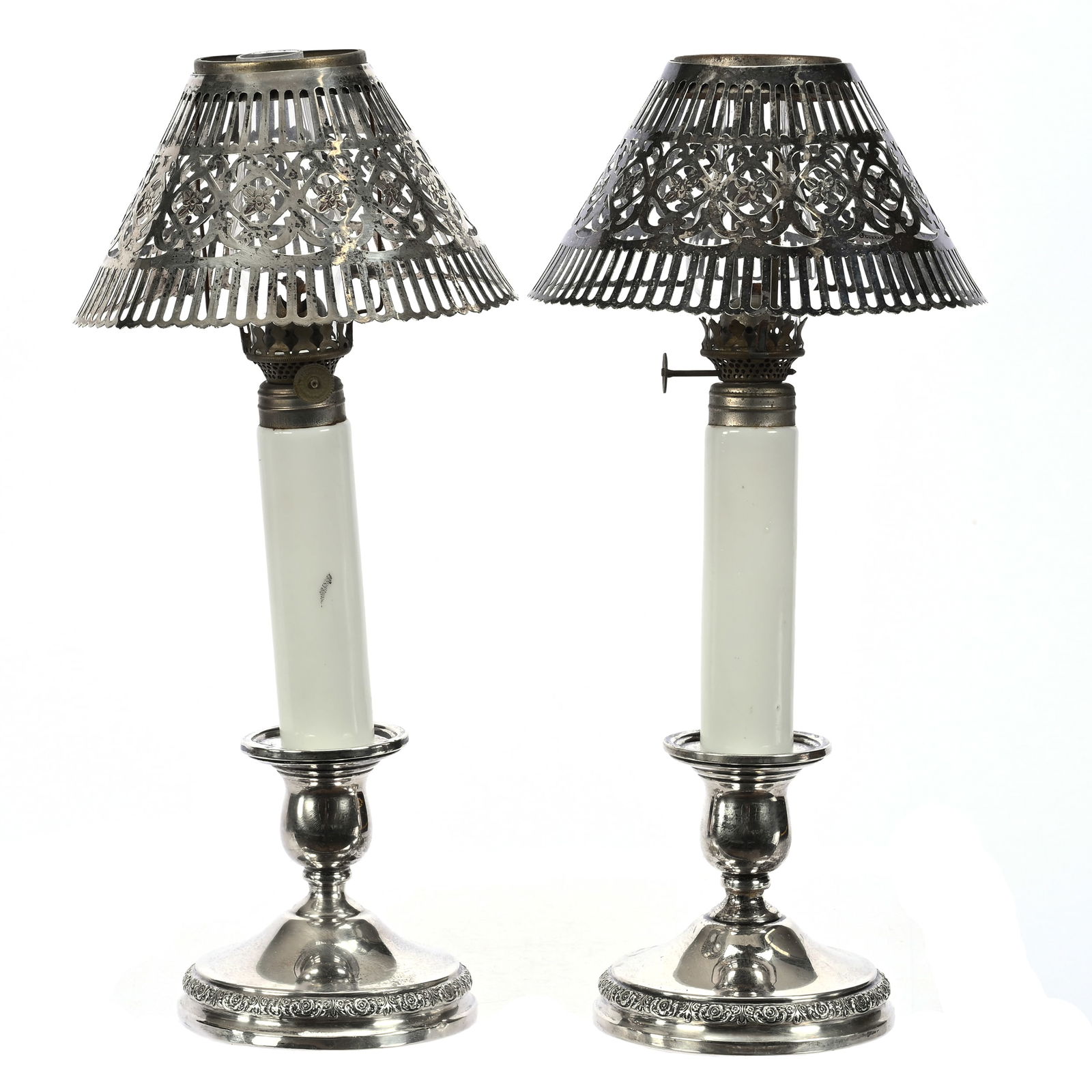 Pair Candle Lamps, Sterling Bases & Shades (1 of 5)