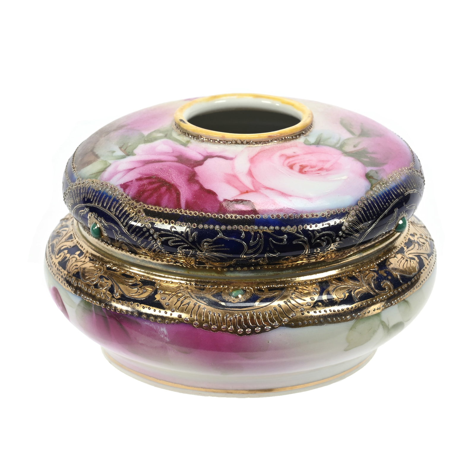 Hair Receiver Marked Nippon: Hair Receiver Marked Nippon, 2.75" x 4.5", White, Green, Pink And Cobalt Blue, Rose Decor, Gold Highlights, Sidlinger Estate Collection, North Carolina.