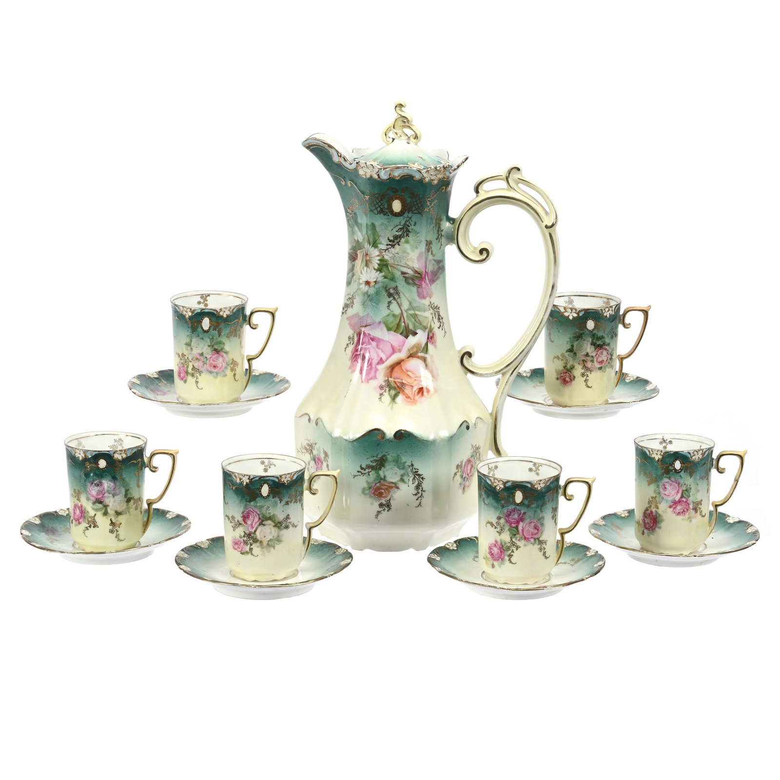 Chocolate Set Marked R.S. Prussia: Chocolate Set Marked R.S. Prussia, Green And Cream Tones, Rose Decor, (1) 11.75" X 6.75" Chocolate Pot, (6) Matching Cups And Saucers, Nice Set, Sidlinger Estate Collection, North Carolina.