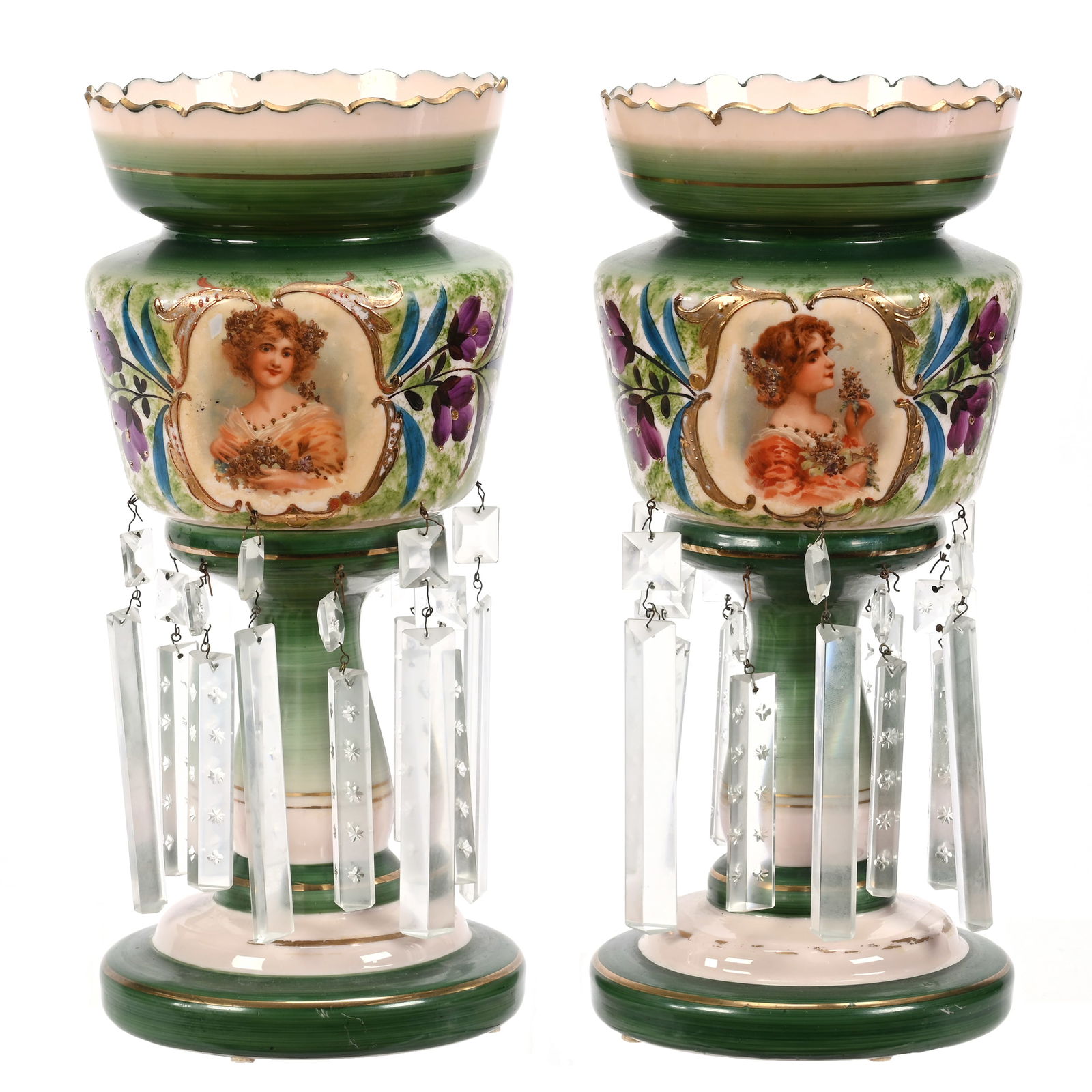 Pair Candle Lusters, Pink Bristol Art Glass (1 of 3)