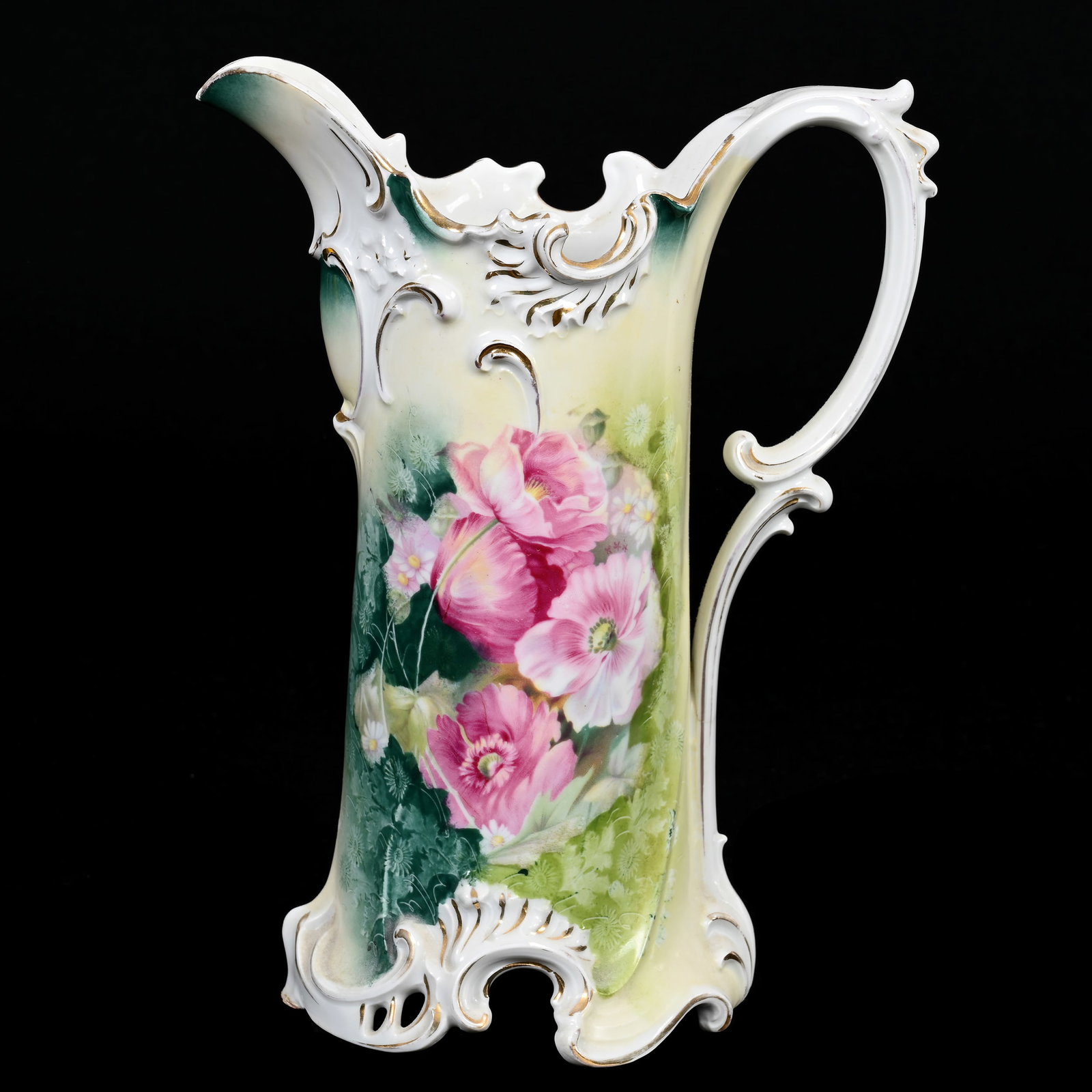 Tankard Marked R.S. Prussia: Tankard Marked R.S. Prussia, 11.75" x 8.75", Cream And Green Tones, Pink Poppy Decor, Nice Mold, Tiny Nick On Spout, Handle Crack, Sidlinger Estate Collection, North Carolina.