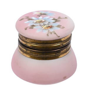 Ring Box Marked Nakara Art Glass: Ring Box Marked Nakara Art Glass, 2" x 2.5", Pink And White Tones, Blue Floral Decor, Original Lining, Sidlinger Estate Collection, North Carolina.