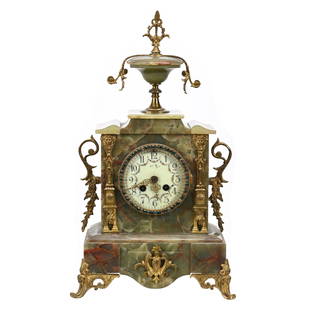 Mantel Clock, Green & Brown Veined Marble Case: Mantel Clock, Green & Brown Veined Marble Case, 18" x 10.5" x 6.5", French Clock Works, Door Has Green And Clear Jewel Highlights, Gilt Metal Fittings, Sidlinger Estate Collection, North Carolina.