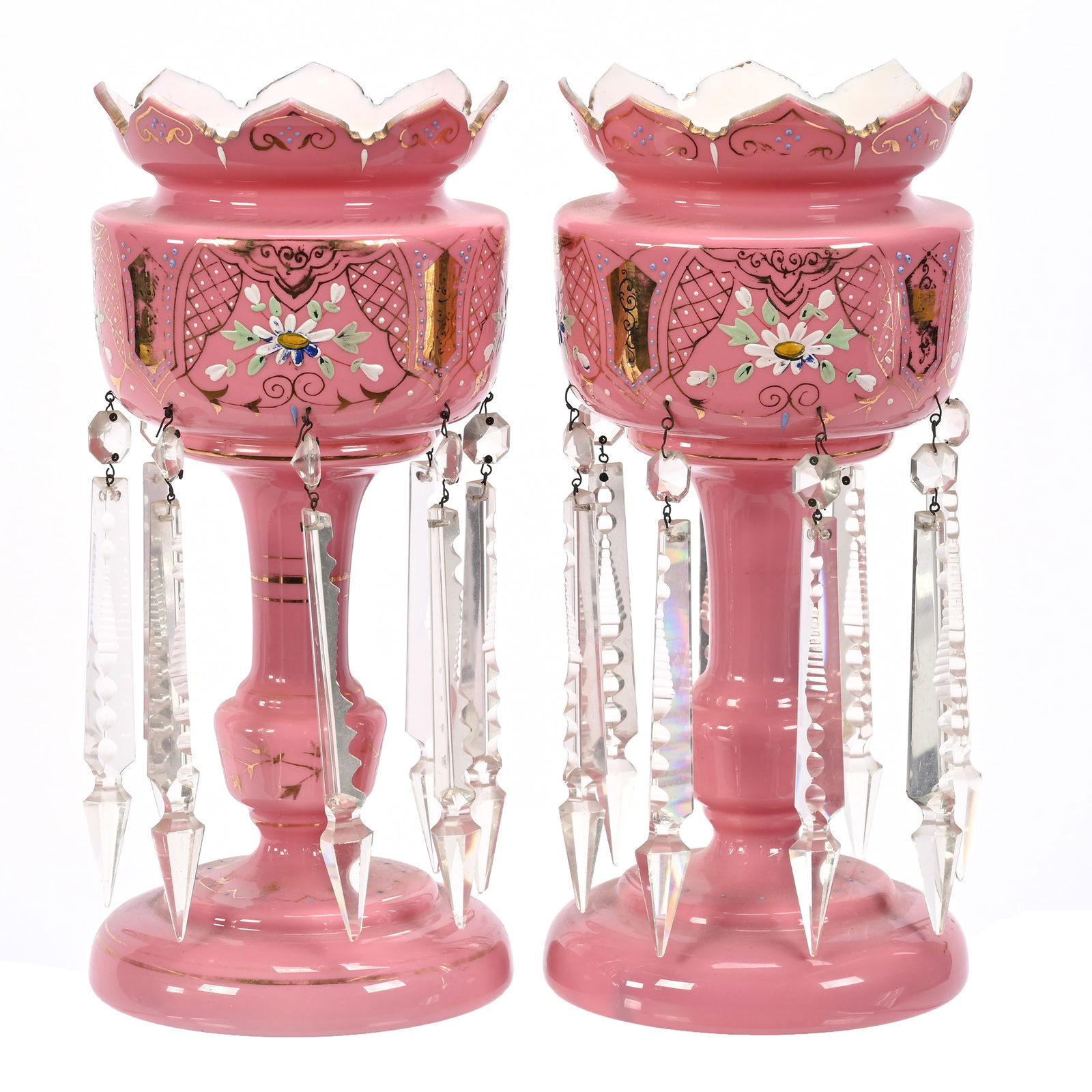 Pair Candle Lusters, Pink & White Bristol Art Glass (1 of 3)