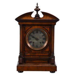 Shelf Clock, Lenzkirch, German, Walnut Case: Shelf Clock, Lenzkirch, German, Walnut Case, 17.75" x 11" x 6.5", Beveled Glass Door, Sidlinger Estate Collection, North Carolina.