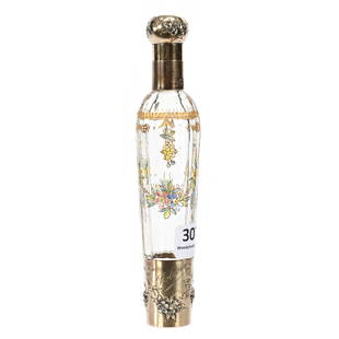 Laydown Perfume, Art Glass: Laydown Perfume, Art Glass, 6.25", Clear Panel Cut Art Glass With Enamel Floral Decor, Gilded Metal Twist Top With Removable Metal Base, Sells With Original Fitted Case, Nice Quality, Sidlinger Estate