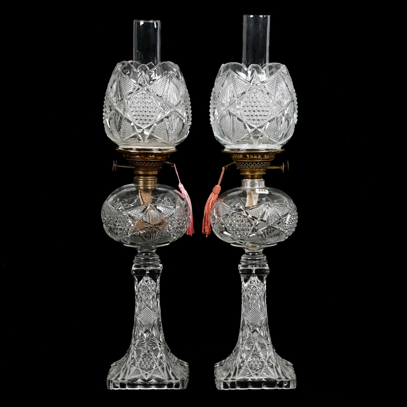 Pair Banquet Lamps, Kerosene, Clear Pattern Glass (1 of 4)