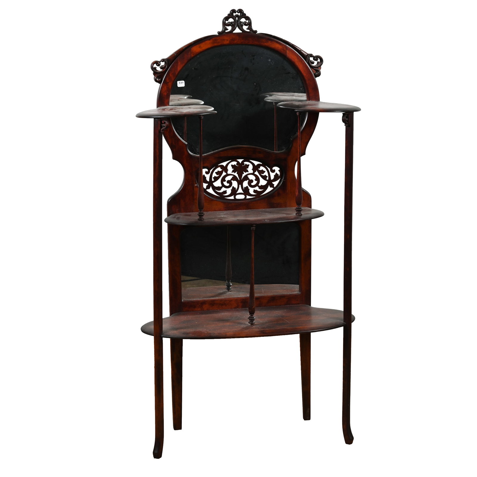 Etagere, Mahogany With Four Shelves: Furniture: Etagere, Mahogany With Four Shelves, 54" x 27.5", Mirror Back, Reticulated Medallion, One Shelf Is Loose, Woody Auction Cannot Ship This Item - It Must Be Picked Up In Person In Douglass, K