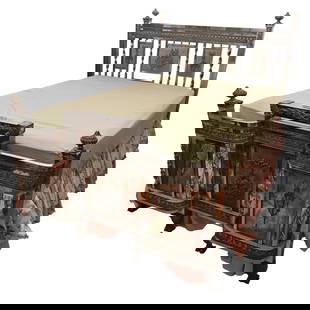 Silver Bed: Furniture: Silver Bed, 57" x 84" x 56", Incredible Workmanship In Silver Plate With Bird And Basket Design On Lattice Background, Very Heavy! Very Unique! Interior Dimension For Mattress Is 74" X 52",