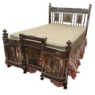 Silver Bed: Furniture: Silver Bed, 57" x 84" x 56", Incredible Workmanship In Silver Plate With Bird And Basket Design On Lattice Background, Very Heavy! Very Unique! Interior Dimension For Mattress Is 74" X 52",