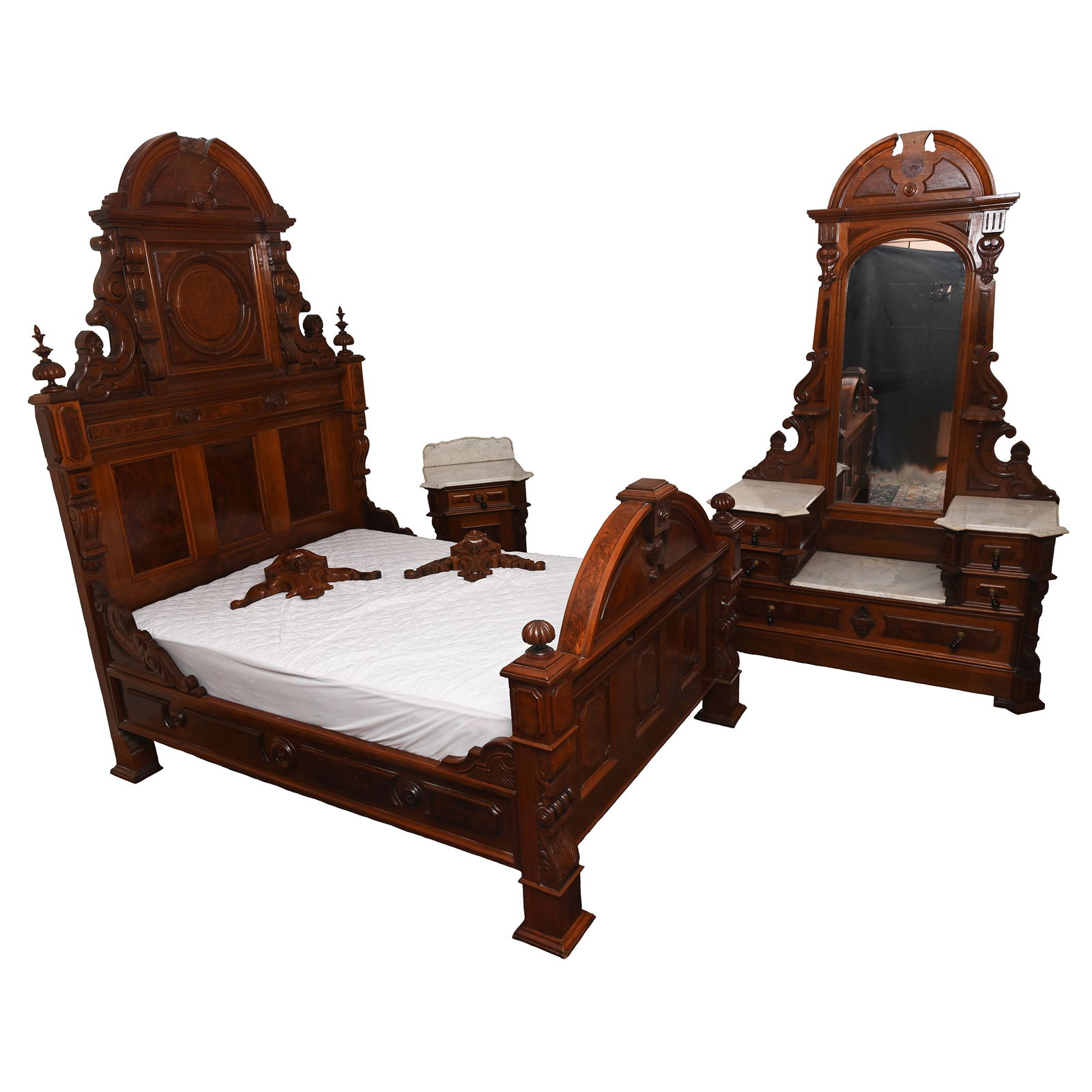 Victorian Burl Walnut Bedroom Set, Three Piece (1 of 9)