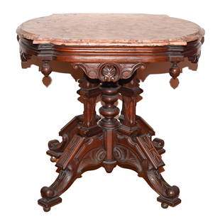 Walnut Parlor Table, Mottled Brown: Furniture: Walnut Parlor Table, Mottled Brown, 28.5" x 30.5" x 26.5", Nice Piece. This Item Was Left At The Sidlinger Estate Near Greensboro, North Carolina, Woody Auction Cannot Ship This Item - It M