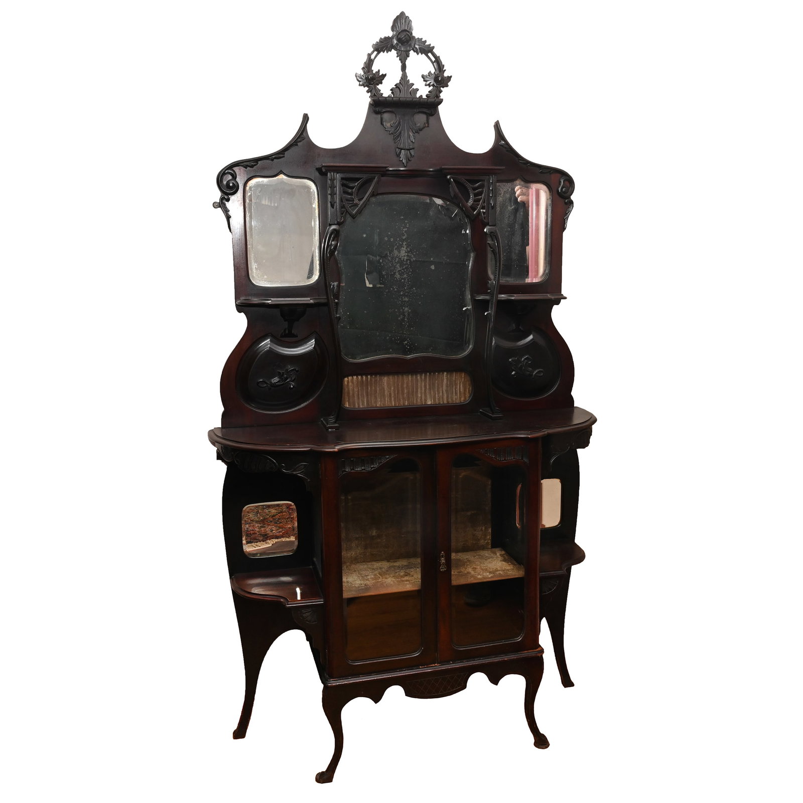 Etagere W/Enclosed Cabinet: Furniture: Etagere With Enclosed Cabinet, 87" x 47" x 15", Five Beveled Mirrors, Two Glass Doors, Delicate Carving With Legs, Back Secured To Wall. This Item Was Left At The Sidlinger Estate Near Gree