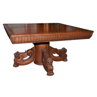 Quarter Sawn Oak Dining Table, Lion Head & Claw Feet: Furniture: Quarter Sawn Oak Dining Table, Lion Head & Claw Feet, 29" x 54", Very Heavy, Solid Table Is 88.5" Long With The Three Leaves (With Aprons) In Place. This Item Was Left At The Sidlinger Esta