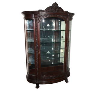 China Cabinet, Mahogany, Horner Style: Furniture: China Cabinet, Mahogany, Horner Style, 79" x 53" x 22", Carved Dragon And Floral Highlights, Claw Feet, Four Glass Shelves, Mirror Back. This Item Was Left At The Sidlinger Estate Near Gree