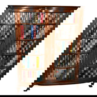 Double China Cabinet, Quarter Sawn Oak: Furniture: Double China Cabinet, Quarter Sawn Oak, 57.5" x 45" x 16", Carved Lions Head In Center, Four Wooden Shelves, Books In Cabinet Do Not Sell With Cabinet. This Item Was Left At The Sidlinger E