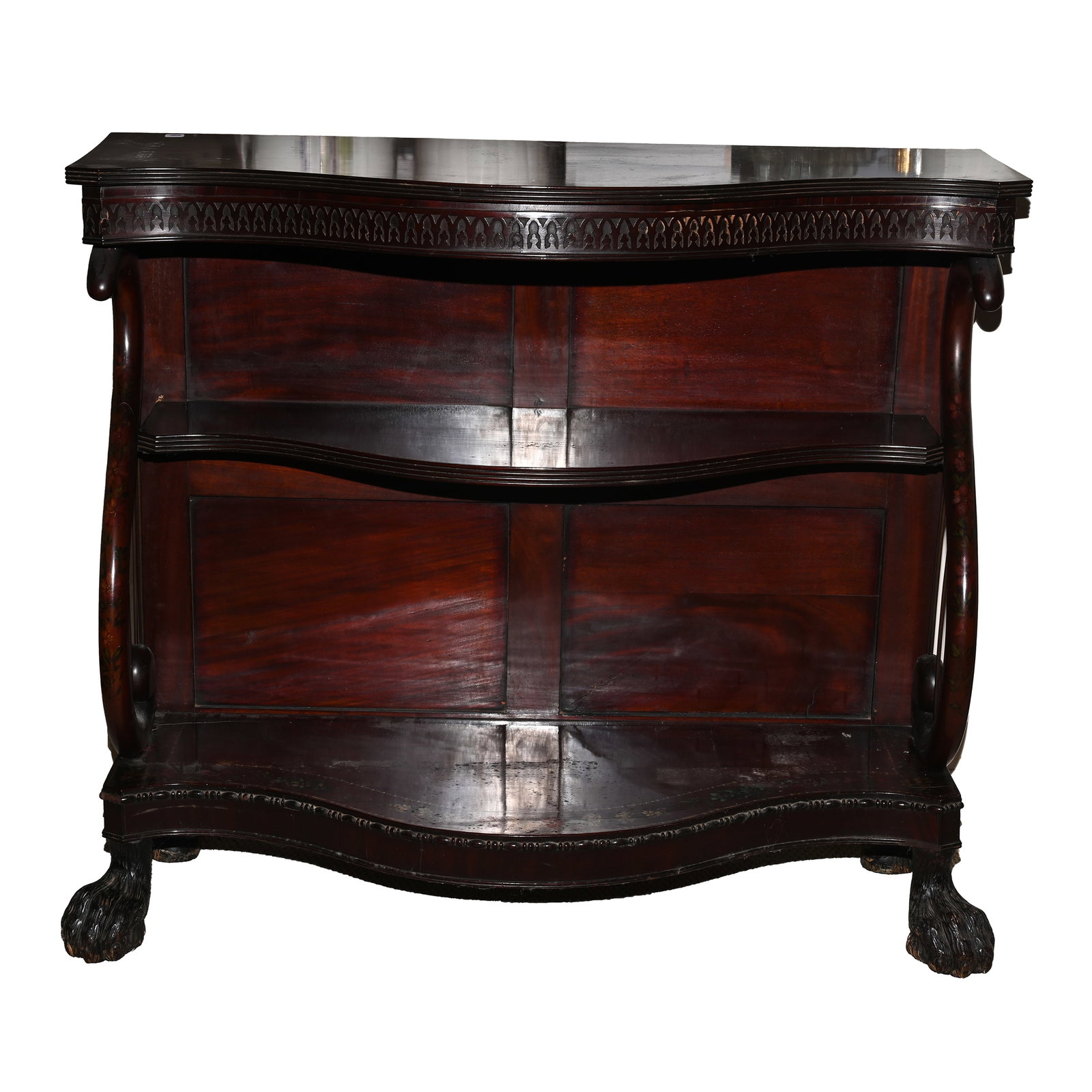 Foyer Table, Mahogany, Painted Floral Highlights: Furniture: Foyer Table, Mahogany, Painted Floral Highlights, 36" x 43" x 15.5", S-Curve Claw Feet, Three Levels, Nice. This Item Was Left At The Sidlinger Estate Near Greensboro, North Carolina, Woody