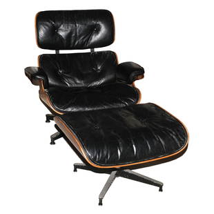 Eames Mid-Century Lounge Chair And Ottoman: Furniture: Eames Mid-Century Lounge Chair And Ottoman, 32" x 32" x 32", Black Leather, 14" Seat Height, "Charles Eames" Label, By Herman Miller The Sole Authorized Manufacturer Of Furniture Designs By