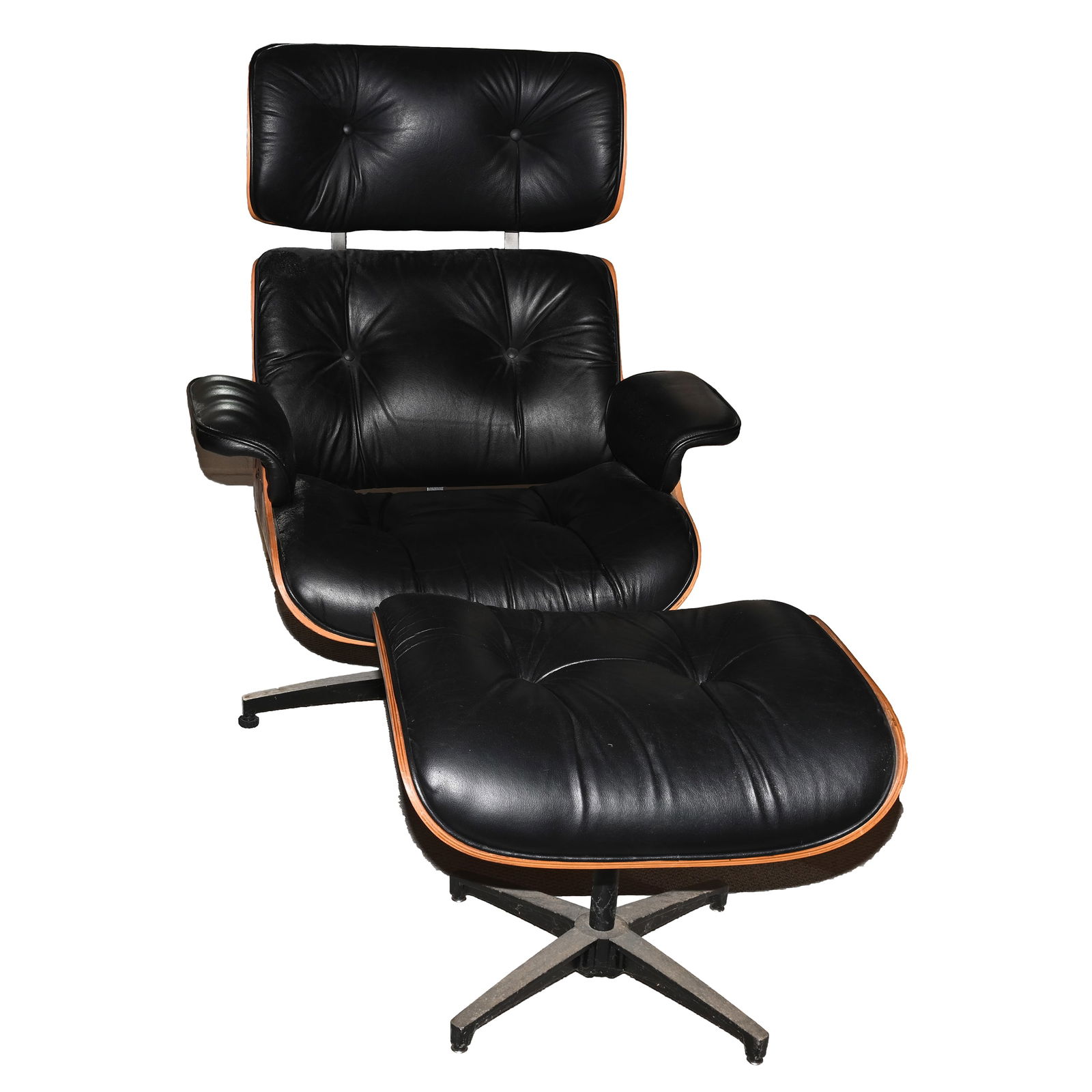 Plycraft Lounge Chair And Ottoman: Furniture: Plycraft Lounge Chair And Ottoman, 41" x 34" x 32", Styled After Mid-Century, Black Leather, 16" Seat Height, Circa 1985. This Item Was Left At The Sidlinger Estate Near Greensboro, North C