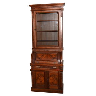 Burl Walnut Lady's Roll Top Secretary: Furniture: Burl Walnut Lady's Roll Top Secretary, 84" x 32" x 20.5", Glass Door, Burl Panels. This Item Was Left At The Sidlinger Estate Near Greensboro, North Carolina, Woody Auction Cannot Ship This