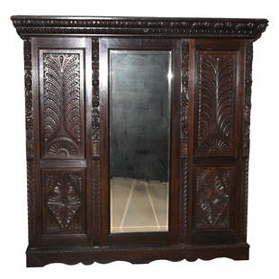 English Oak Wardrobe: Furniture: English Oak Wardrobe, 83" x 82.5" x 26", Carved Fruit, Floral And Lion Design, Beveled Mirror Center, Three Drawers. This Item Was Left At The Sidlinger Estate Near Greensboro, North Caroli