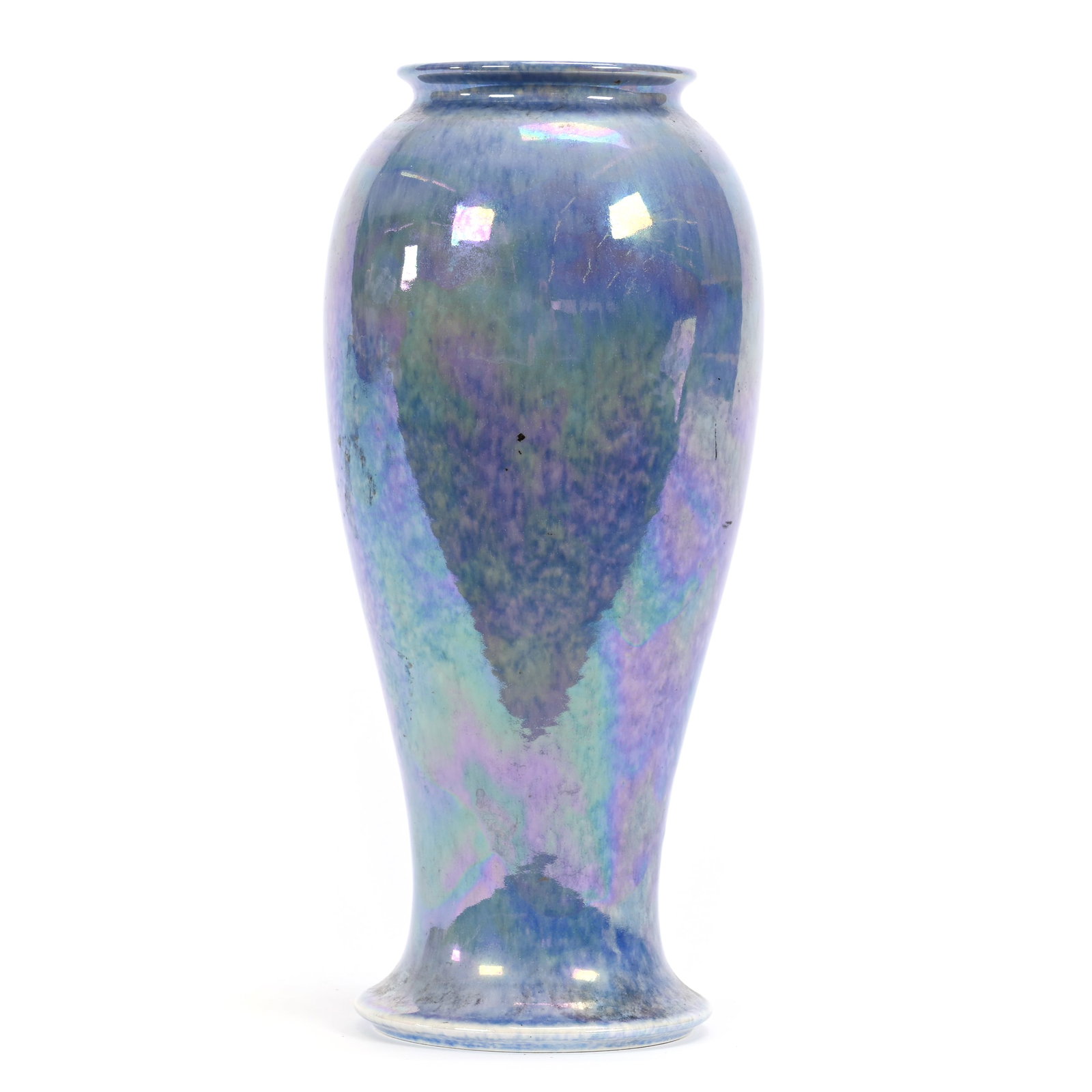 Vase Marked Ruskin English Art Pottery: Vase Marked Ruskin English Art Pottery, 9" x 4", Stamp Mark "1924", Iridescent Blue, Pink, White And Green, Sidlinger Estate Collection, North Carolina.