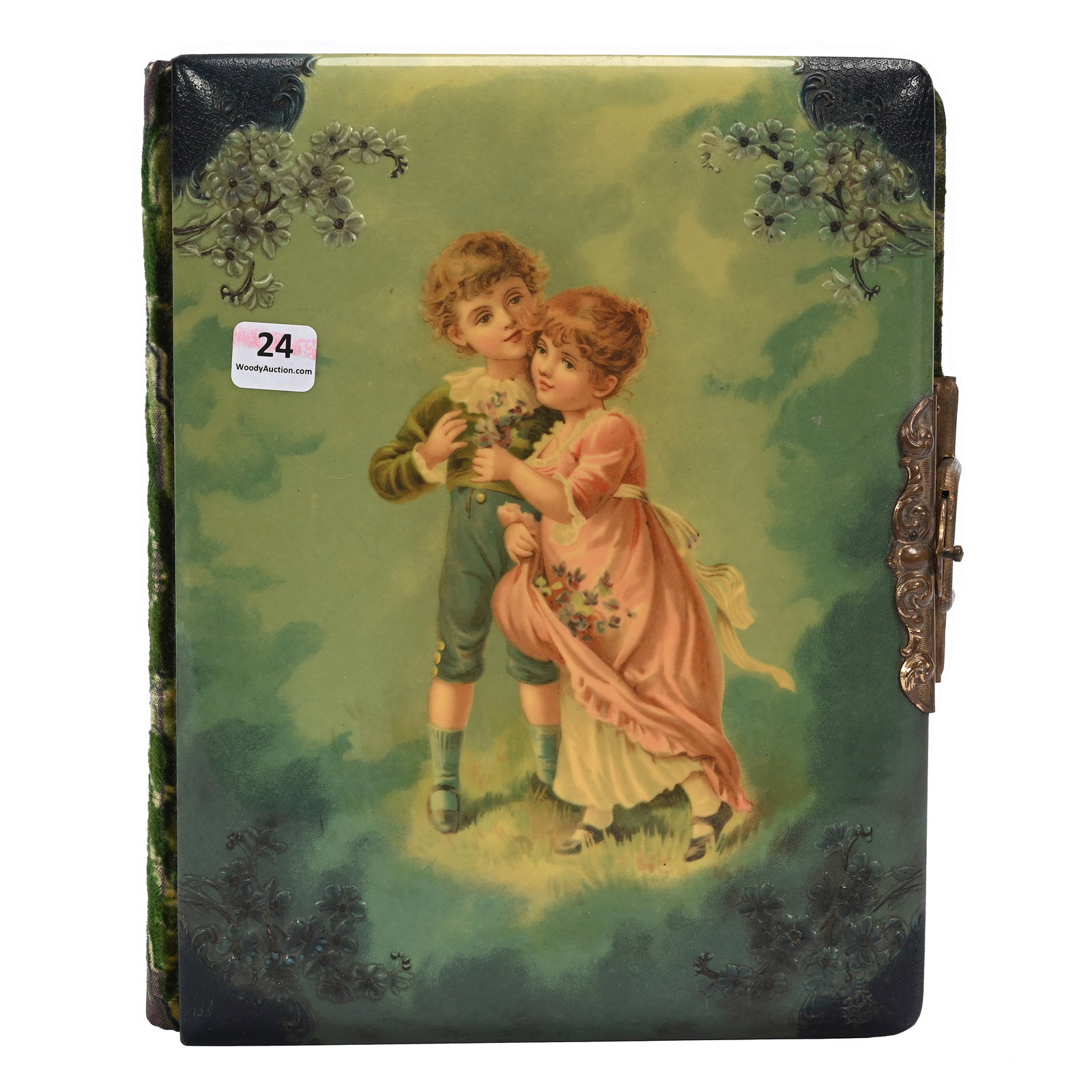 Victorian Celluloid Photograph Album: Victorian Celluloid Photograph Album, 10.5" x 8.5", Scene Of Young Boy And Girl, Album Partially Filled With Vintage Photographs, Sells With 1903 New York Almanac, Sidlinger Estate Collection, North C