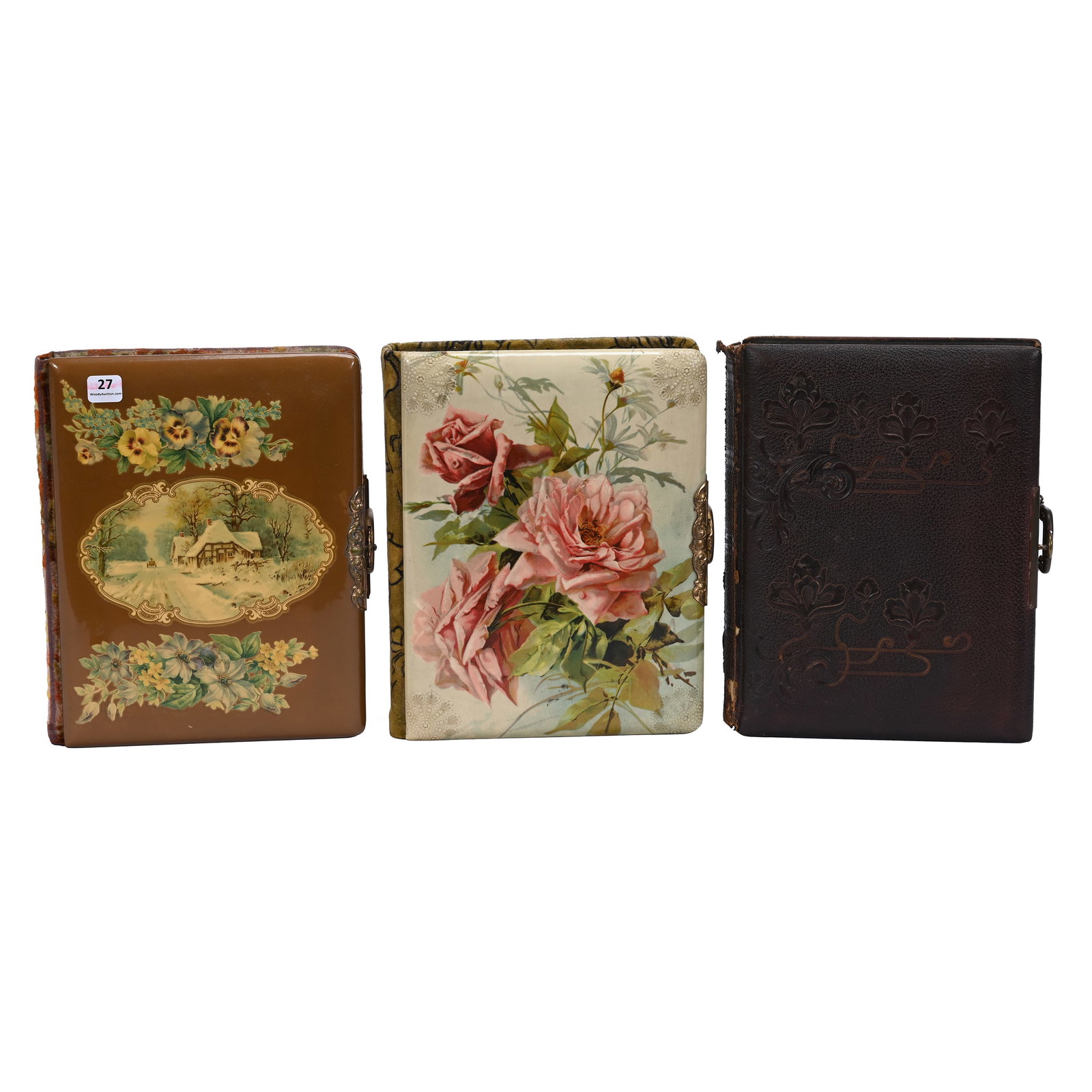 (3) Victorian Celluloid Photograph Albums: (3) Victorian Celluloid Photograph Albums, 10.5" x 8" approximately, (1) Celluloid Cover With Cottage Scene, Numerous Photographs, (1) Leather Cover Album With Enclosed Music Box With Key, (1) Cellulo