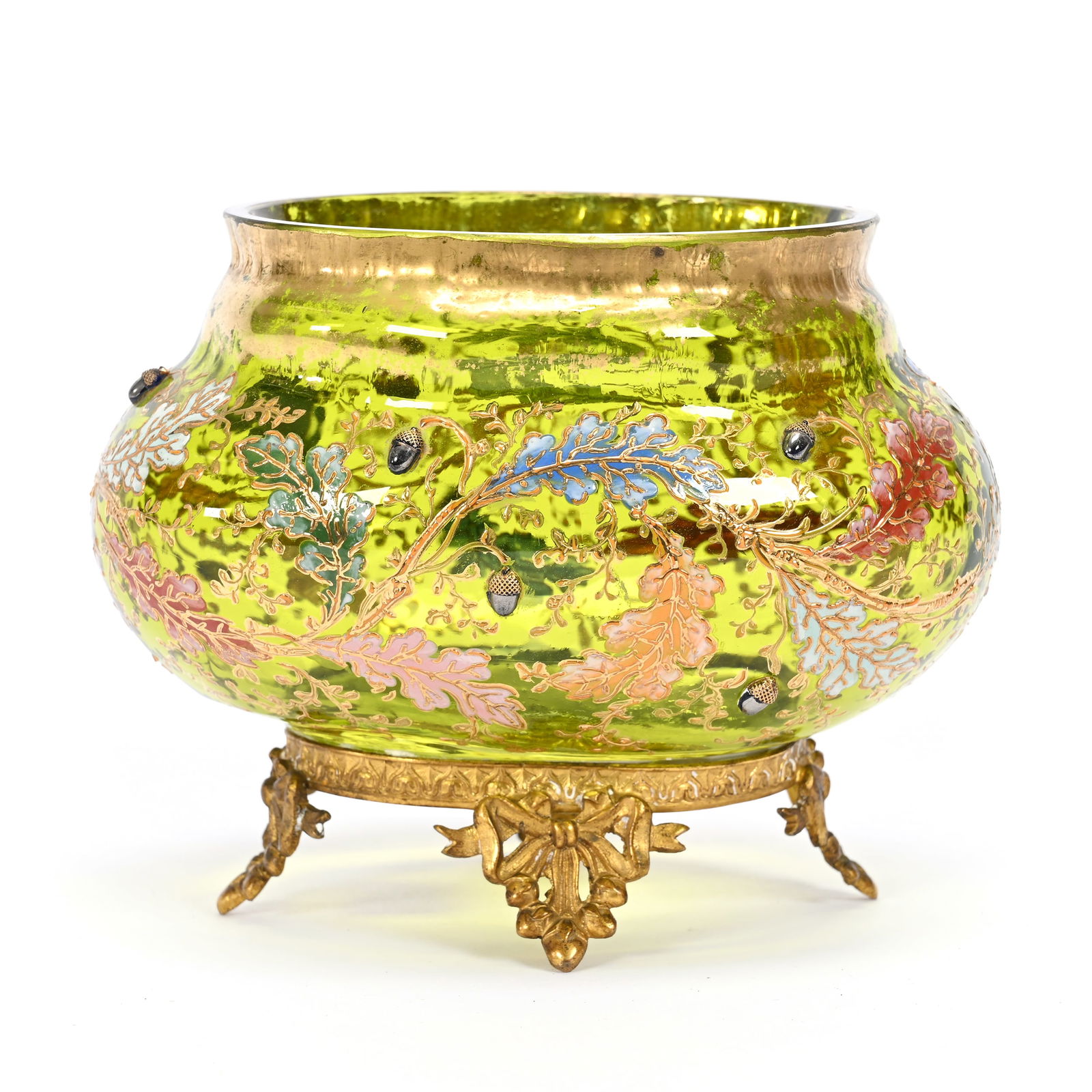 Footed Oval Vase, Green Art Glass, Decorated (1 of 4)