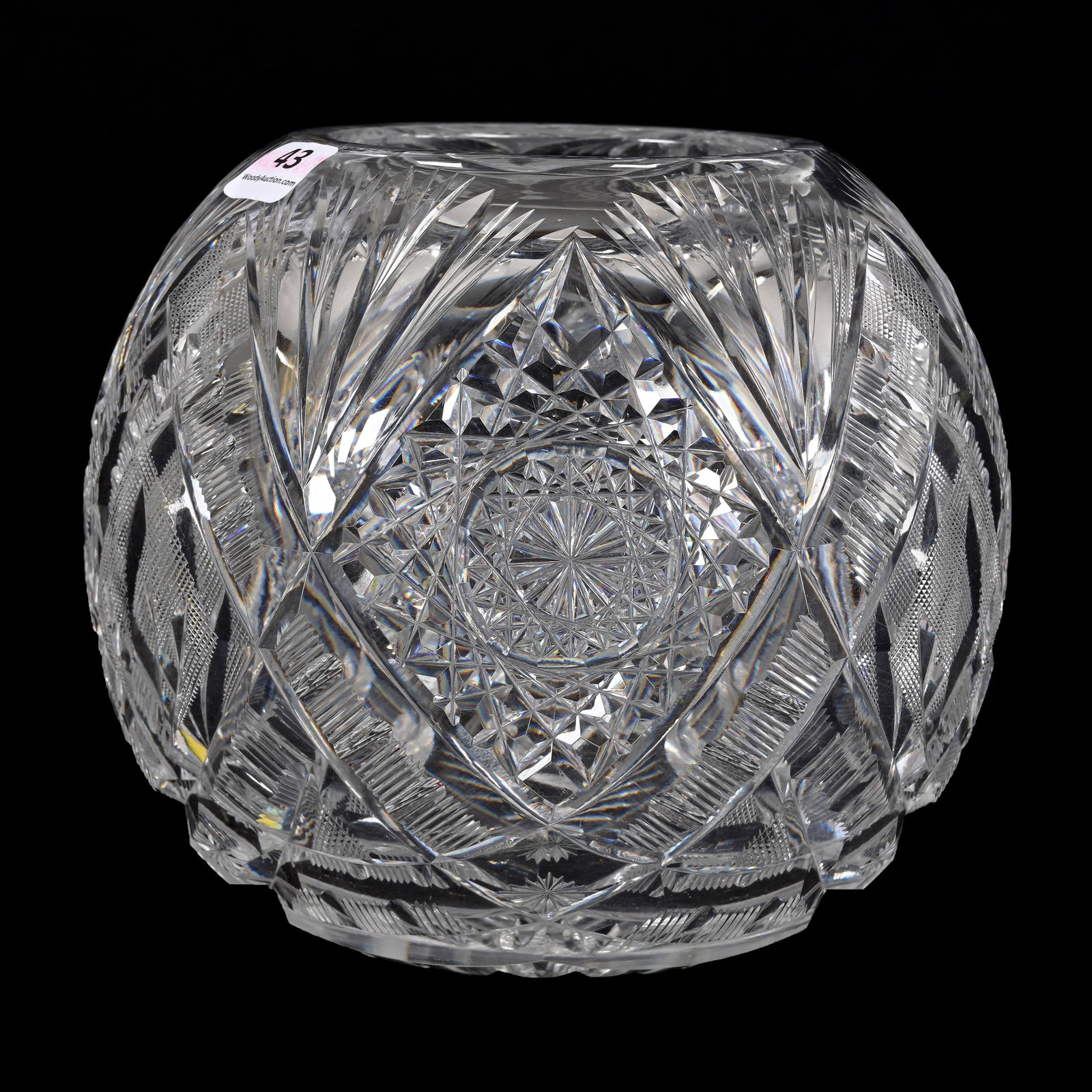 Rose Bowl, American Brilliant Cut Glass: Rose Bowl, American Brilliant Cut Glass, 6" x 7", Hobstar, Strawberry Diamond, Miter And Fan Motif, Small Pattern Nick, Sidlinger Estate Collection, North Carolina.