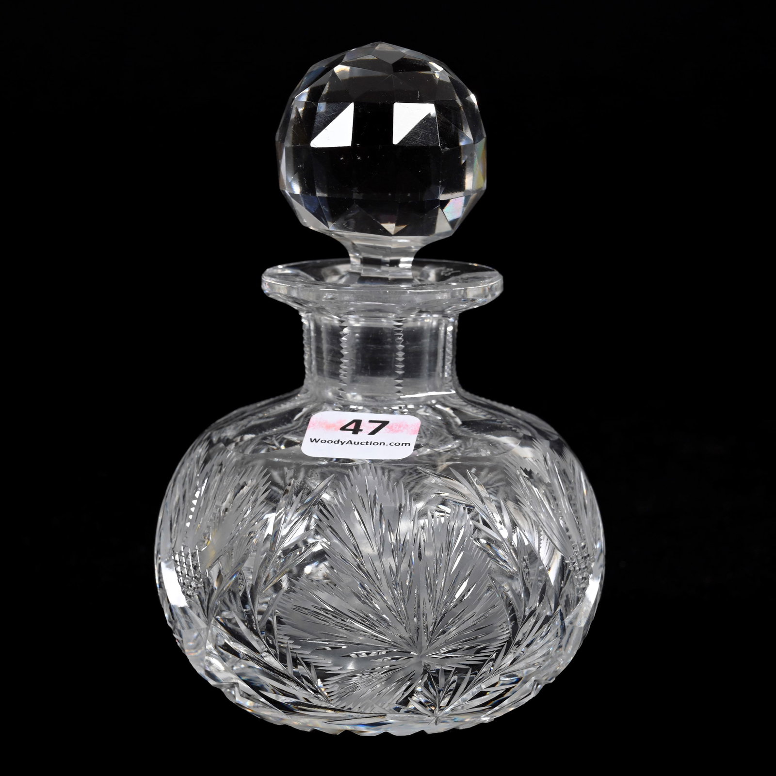 Cologne Bottled, American Brilliant Cut Glass: Cologne Bottled, American Brilliant Cut Glass, 5.5" x 3.5", Engraved Oak Leaf Design, Ray Cut Base, Sidlinger Estate Collection, North Carolina.
