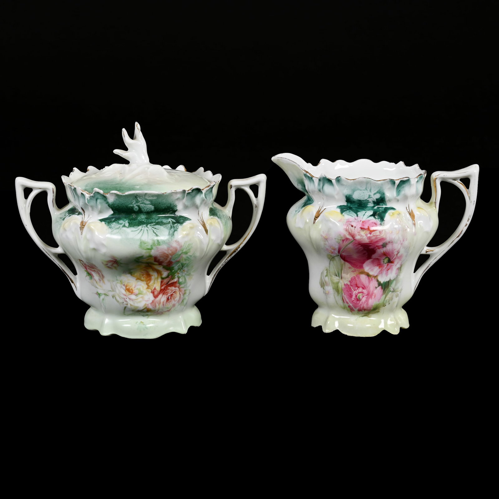 Creamer & Sugar Set Marked R.S. Prussia: Creamer & Sugar Set Marked R.S. Prussia, 4.5" x 5.25", Iris Mold, Green Tones, Floral Decor, Both With Light Rim Nicks, Sidlinger Estate Collection, North Carolina.