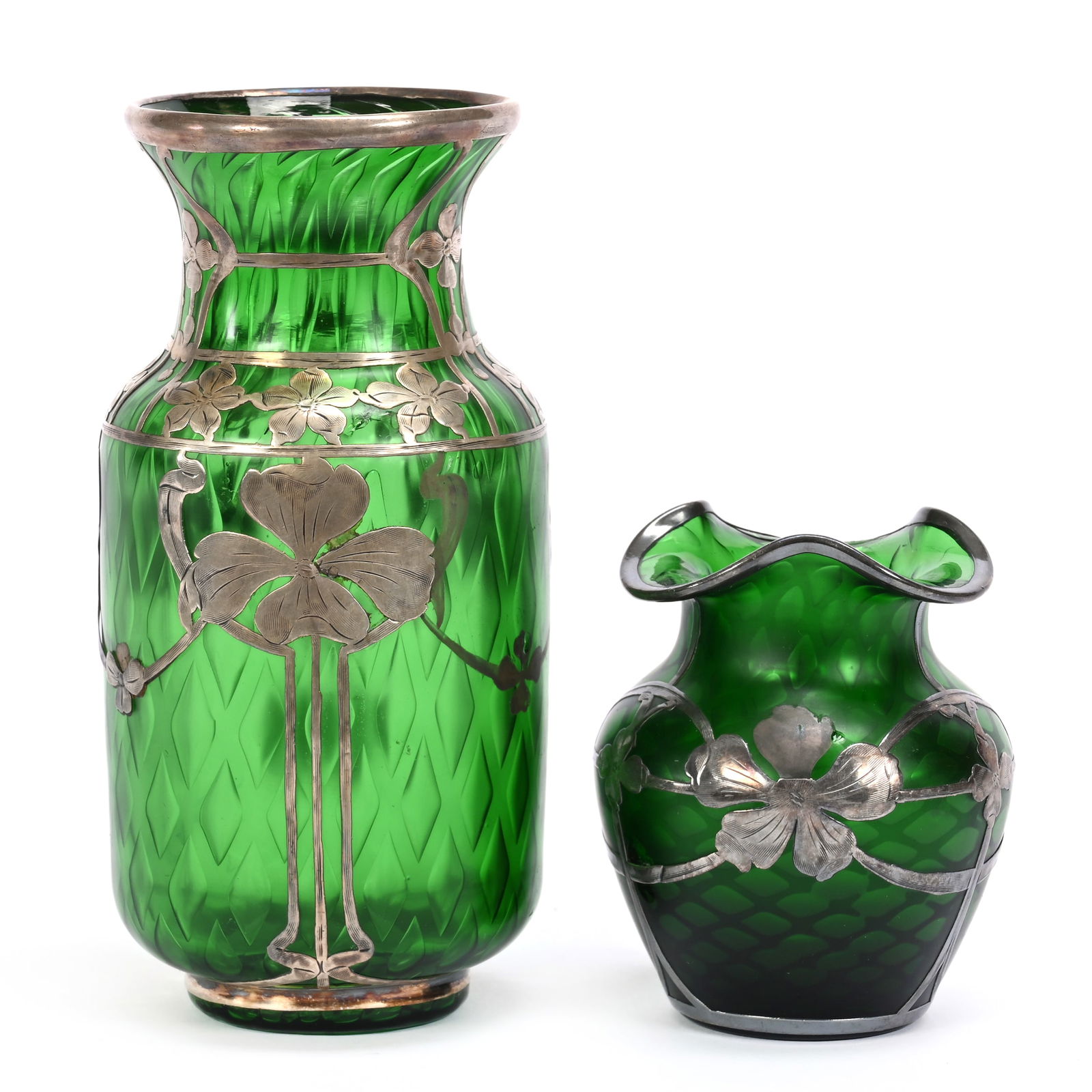 (2) Green Art Glass Diamond Quilted Vases (1 of 5)