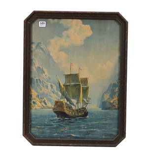 Framed Print By R. Atkinson Fox: Framed Print By R. Atkinson Fox, 17.5" x 13.5", Scene Of Sail Ship Between Mountains, Original Frame, Measurements Are Total Frame Size, Sidlinger Estate Collection, North Carolina.