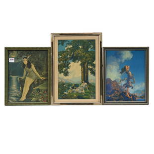 (3) Original Framed Prints By Dupre And Parrish: (3) Original Framed Prints By Dupre And Parrish, (1) 12" x 8.5" Frame Size, Titled "Hilltop" By Maxfield Parrish, Some Splotches All Over Print, (1) 9.5" x 7.5" Frame Size, Titled "Ecstasy" By Maxfiel