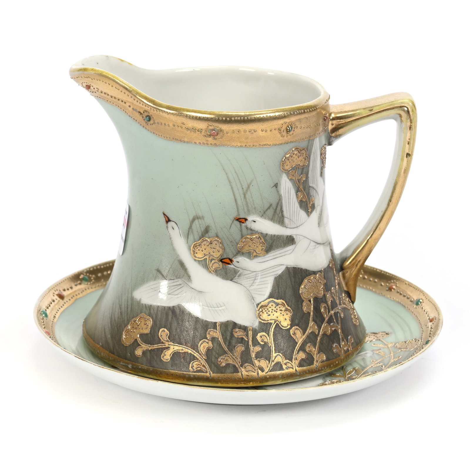Creamer & Saucer, Unmarked: Creamer & Saucer, Unmarked, 4" x 5.5", Turquoise Ground With White Swan Decor, Gold Trim Highlights, Each Piece Marked Handpainted Nippon, Edge Hairline In Saucer, Sidlinger Estate Collection, North C