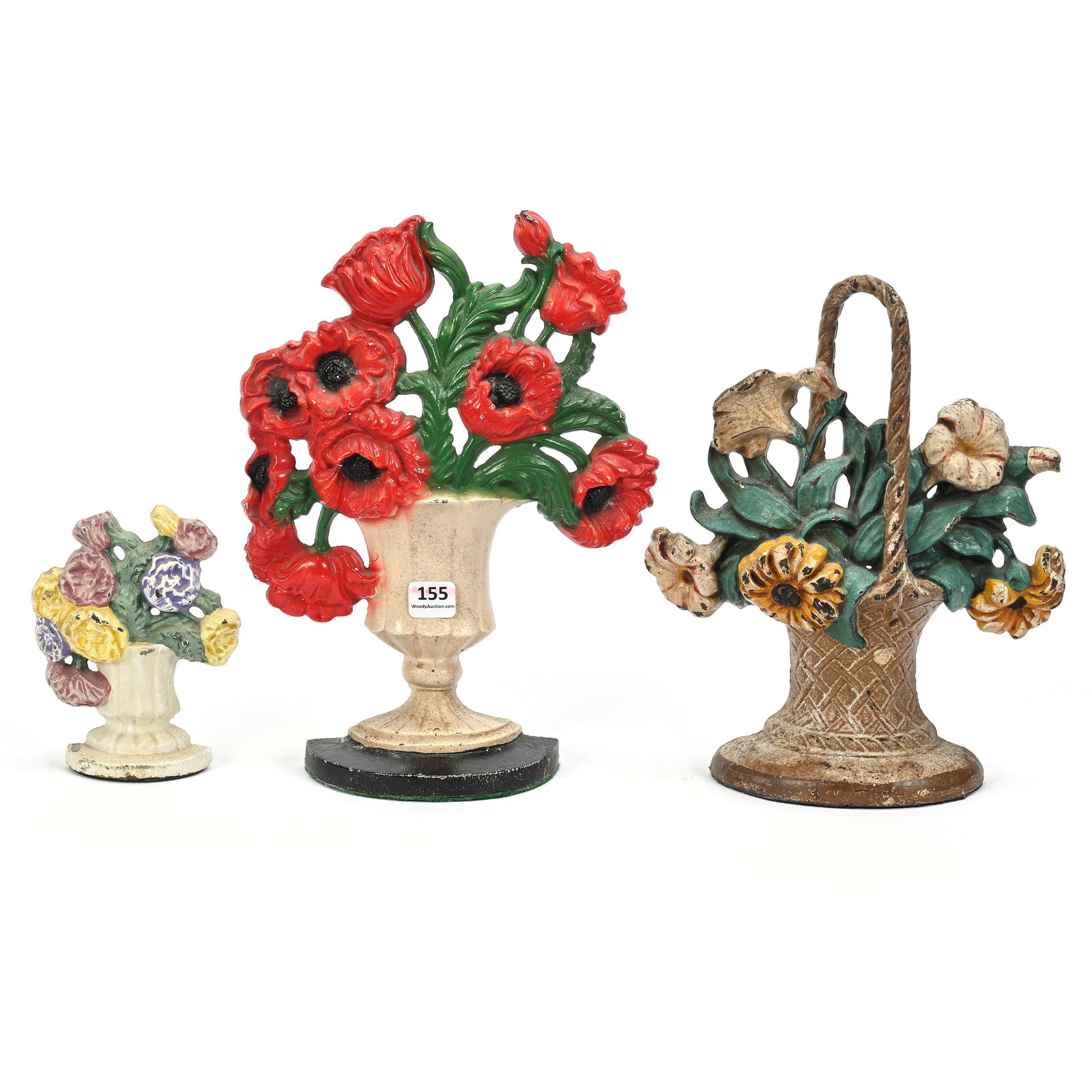 (3) Original Cast Iron Doorstops: (3) Original Cast Iron Doorstops, (1) 10.5" x 8", Urn With Red Poppies, Hubley #440, (1) 9.75" x 7.75", Flower Basket By Hubley, (1) 5" x 4", Urn With Flowers, Sidlinger Estate Collection, North Carol