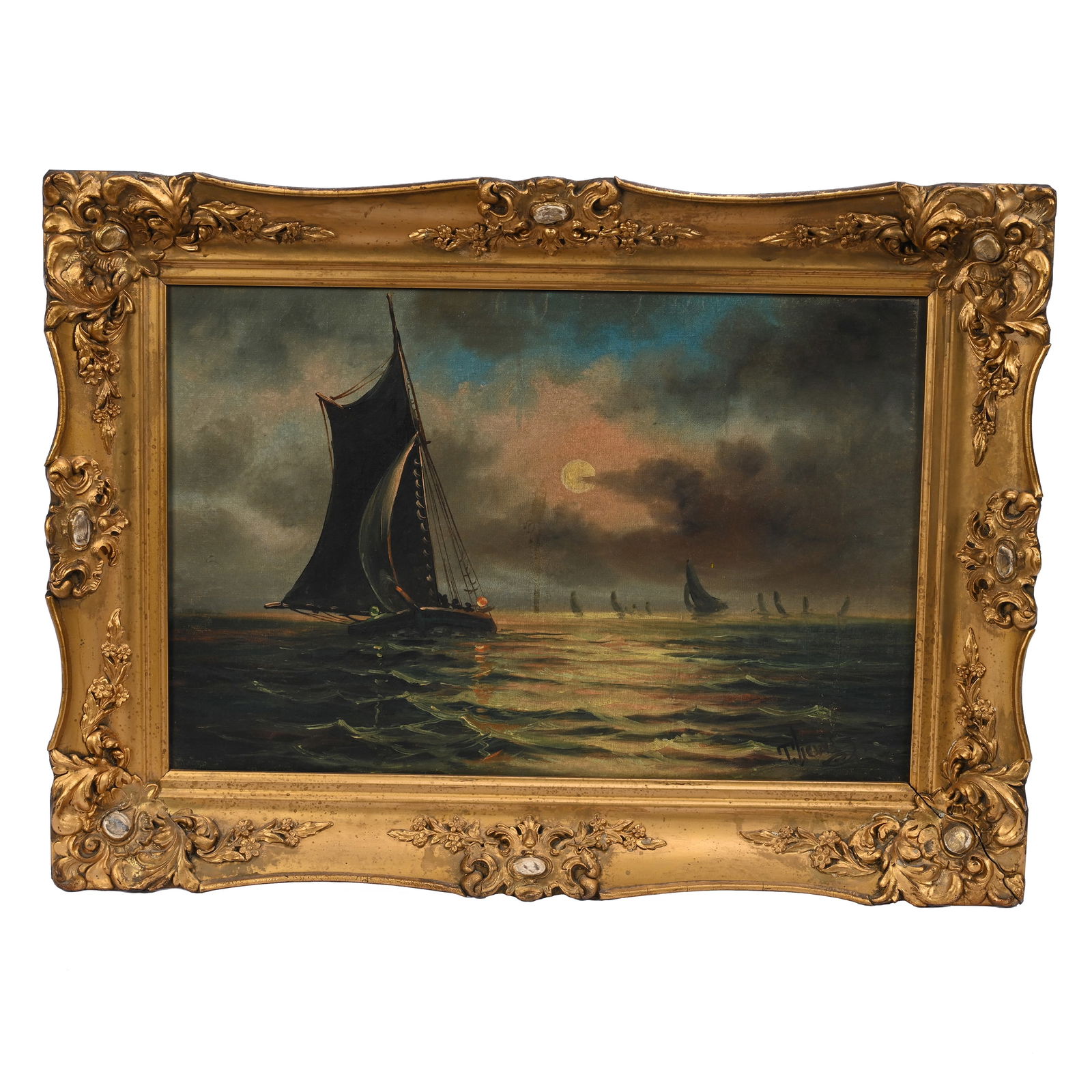 Original Oil Painting, Artist Signed T. Lewis: Original Oil Painting, Artist Signed T. Lewis, 12" x 18", Night Scene Of Sailboat, Early 1900's, Mounted In 16.5" x 22.5" Gilt Wooden Frame, Frame Has Some Rub Marks, Sidlinger Estate Collection, Nort