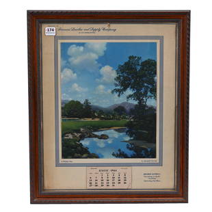 Framed Advertising Calendar By Maxfield Parrish: Framed Advertising Calendar By Maxfield Parrish, 17" x 14", Scene Titled "A Perfect Day", "Courtesy Of Farmer's Lumber And Supply Company Coop", 1944 Calendar, Some Edge Tears, Some Months Missing Fro