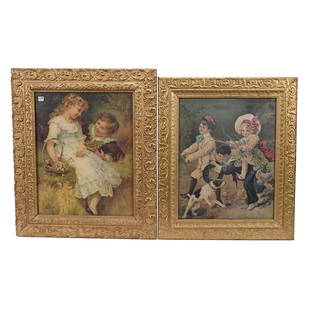 (2) Children's Prints, Framed: (2) Children's Prints, Framed, (1) 27" x 23" Frame Size, Boy Bringing Fruit To Young Girl, (1) 26" x 22" Frame Size, Scene Of Three Children And Dog, Sidlinger Estate Collection, North Carolina.