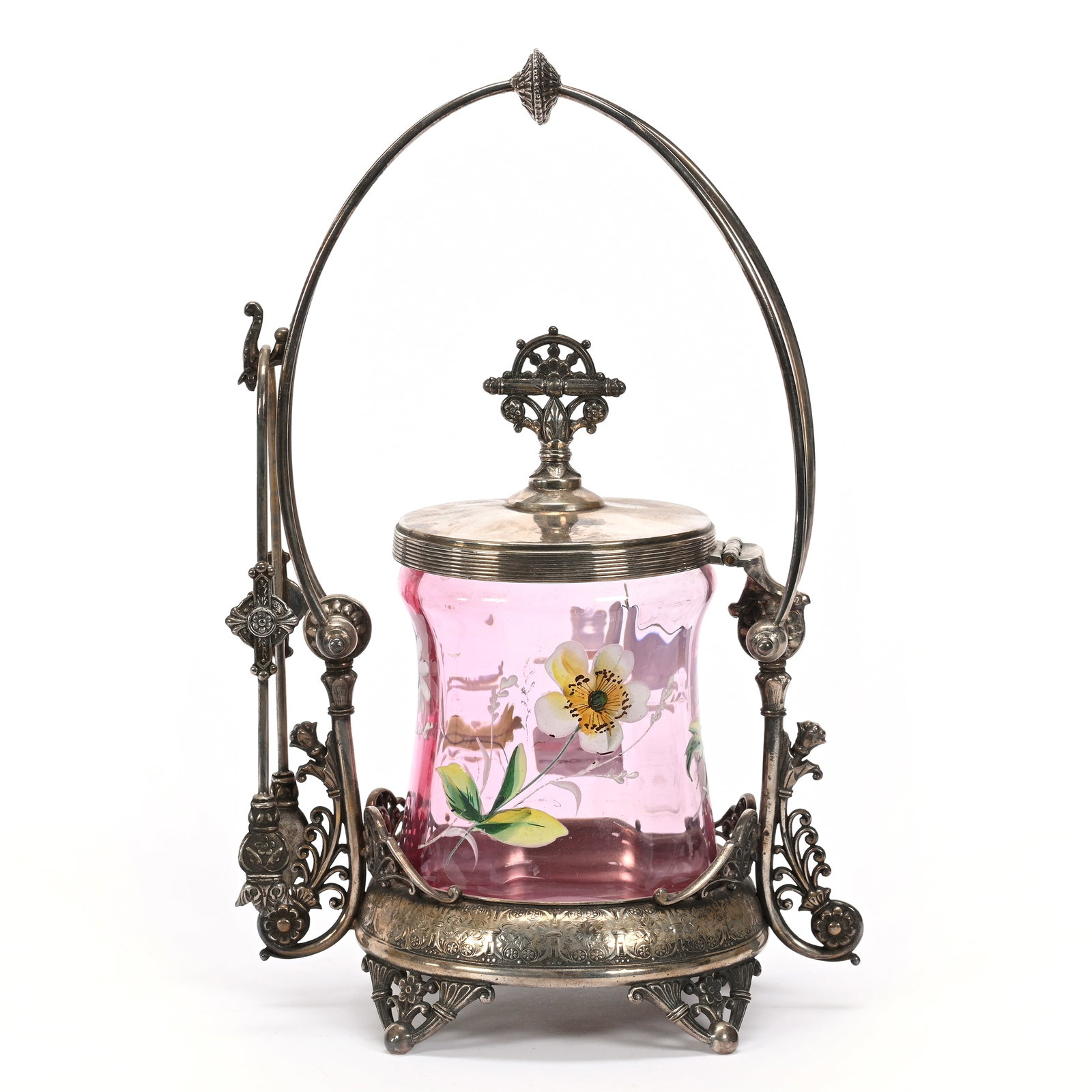 Victorian Pickle Castor: Victorian Pickle Castor, 11" x 7", Cranberry Art Glass Insert, Enamel Floral Decor, Set On Ornate Tufts #2374 Silverplate Frame With Attached Hinged Lid, Ron Blessing Estate, Nebraska.