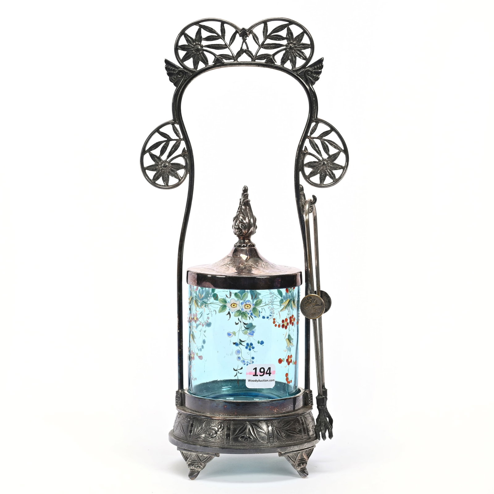 Victorian Pickle Castor: Victorian Pickle Castor, 13" x 6", Blue Art Glass Insert, Colorful Enamel Floral Decor, Set On Pairpoint #613 Silverplate Frame, Ron Blessing Estate, Nebraska.