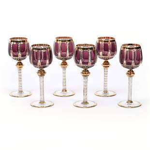 (6) Goblets, Clear Stems, Lavender Cabochon Panels: (6) Goblets, Clear Stems, Lavender Cabochon Panels, 8.25" x 3.25", Moser Art Glass, Extensive Gold Stencil Highlights, Ron Blessing Estate, Nebraska.