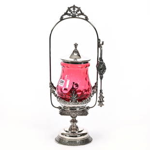 Victorian Pickle Castor: Victorian Pickle Castor, 14.5" x 5", Cranberry Coinspot Art Glass Insert, Set On Tufts #2373 Silverplate Frame, This Item Sold In A Previous Woody Auction But Buyer Did Not Complete Transaction, Ron B